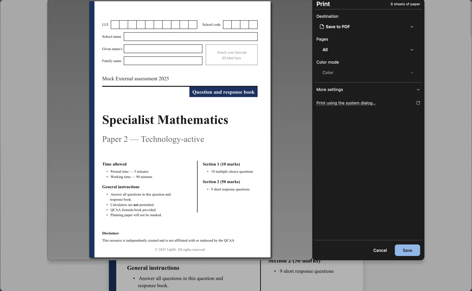 A real mathematics exam PDF produced with Papersetter, using a custom cover page and exam instructions.